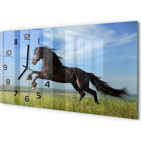 Horloge Murale Maison 60x30 cm Design Panoramique Salon Cuisine Bureau Cheval noir dans la prairie (1/5)