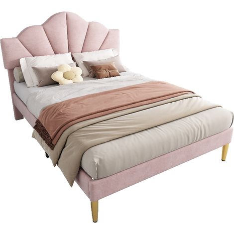 Polsterbett 140x190 rosa Samt Muschelform mit höhenverstellbarem Kopfteil, Doppelbett mit Lattenrost und goldenen Füßen, Bettgestell bis 300 kg (1/5)