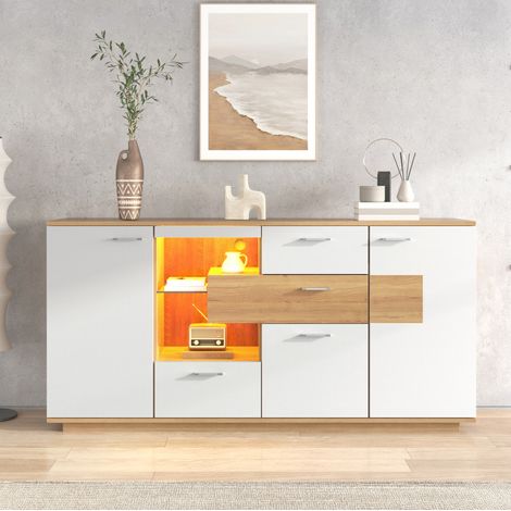 Buffet 160x40x77 cm blanc et coloris bois en MDF avec LED, 2 portes, 4 tiroirs et étagères réglables (1/5)