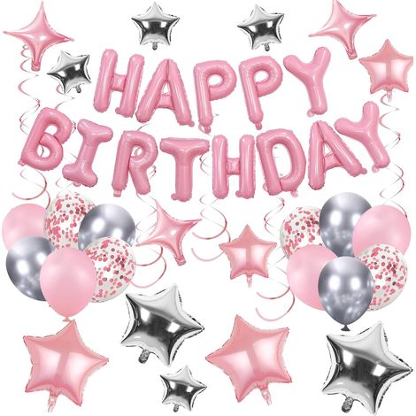 56 kits de décoration « Joyeux anniversaire » : ballons roses et argentés + banderole « Joyeux anniversaire », articles de fête pour hommes et femmes, décoration de fête d’anniversaire, ballons en lat (1/5)