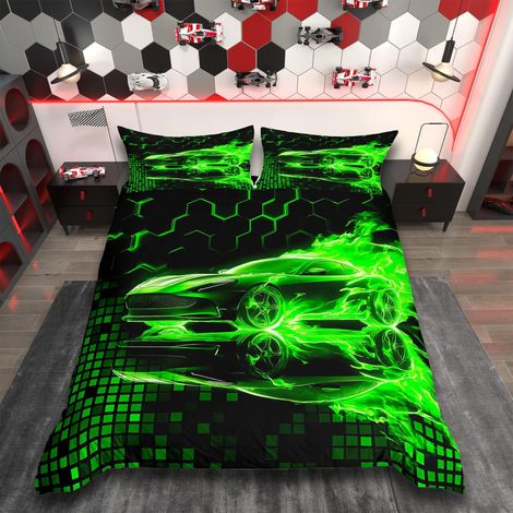Parure de lit avec housse de couette 135 x 200 cm, motif voiture de course flammée, pour enfants, garçons, adolescents, sport, ultra nid d'abeille, sports extrêmes, parure de lit (1/5)
