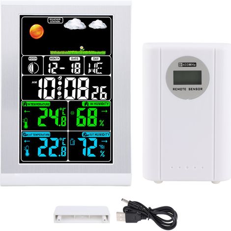 Estación meteorológica digital inteligente: reloj de temperatura y humedad interior/exterior con pantalla de pared y sensor inalámbrico de 100 m. (1/5)
