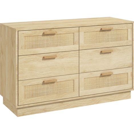 Commode design bohème en rotin avec 6 tiroirs, meuble de rangement pour le salon, le couloir, l'entrée, chêne