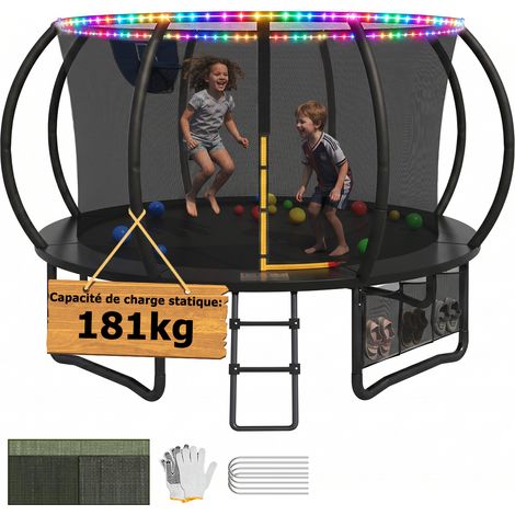 Trampoline extérieur ø 366 cm avec éclairage LED, capacité de charge 180kg, trampoline de jardin robuste pour enfants et adultes, avec panier de basket, sac de rangement, couverture de protection, éch