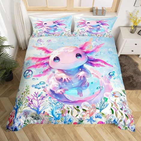 Bettwäsche-Set mit Axolotl-Motiv für Kinder, 135x200cm, 3D-Druck, Mikrofaser