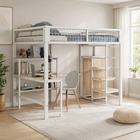 Hochbett, 140200 cm, Eisenbett, Ablageleiter, mehrere Regale, Ohne Matratze, Einbauschrank, Schreibtisch, Weiß (1/5)