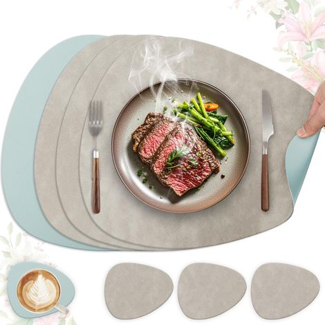 Set de table lavable antidérapant en cuir PU, lot de 4 ovales 41x33cm (gris clair + bleu clair). (1/5)