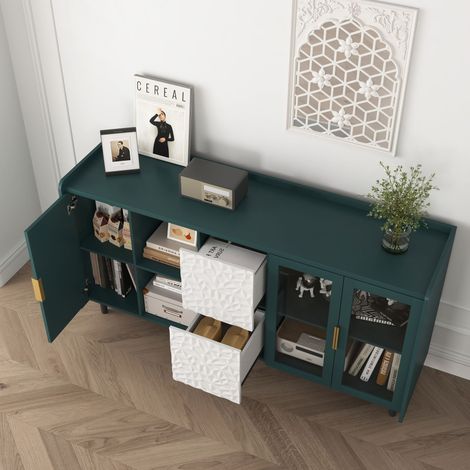 Madia 150x40x80cm piano ampio cassetti capienti ripiani a vista porte in vetro verde MDF per soggiorno (1/5)