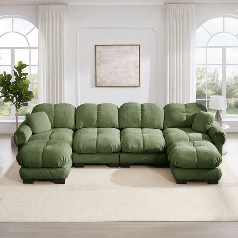 U-Form Sofa 330 x 149 x 90 cm aus grünem Chenille, mit 2 mobilen Ottomanen OKMYHOME (1/5)