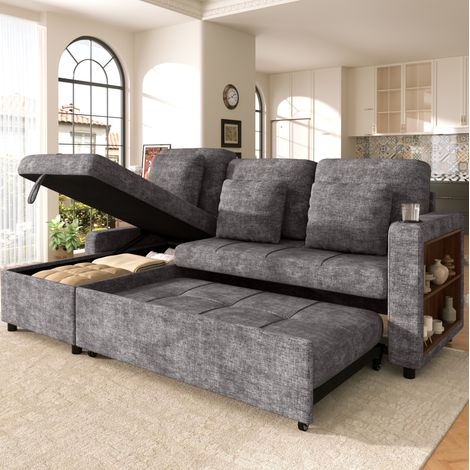 Divano letto 3 posti 201,3/126,1/86,1 cm grigio in ciniglia con contenitore e portabevande (1/5)