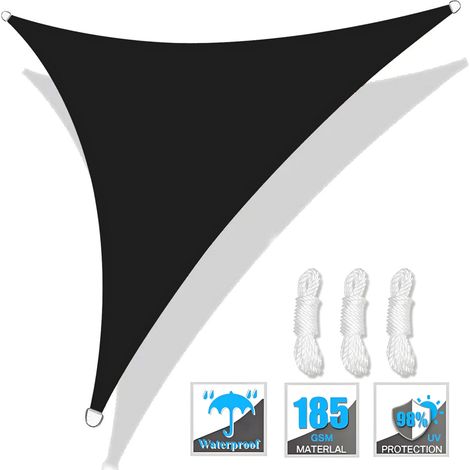 (Noir, 250x250x250CM) Voile d'ombrage triangulaire, protection UV, adaptée aux patios, jardins et cours extérieures. (1/5)