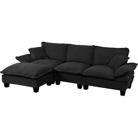 Canapé d'angle modulaire L en tissu chenille noir avec ottomane mobile et coussins (1/5)