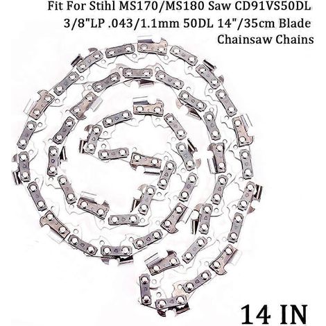 Chaîne de tronçonneuse 3/8" LP.043/1,1 mm 50DL 14"/35 cm compatible avec les tronçonneuses Stihl MS170/MS180 (référence CD91VS50DL). Outil de jardin motorisé. (1/5)