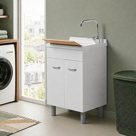 Mobile lavatoio 60x40 cm bianco opaco con due ante e vasca incluso di asse di lavaggio e kit di scarico Medea (1/5)