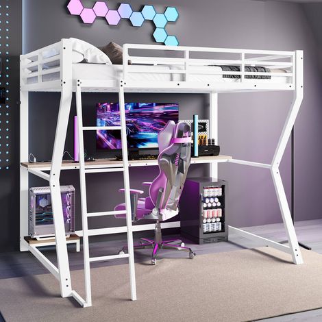 Lit superposé 90x200 cm avec leds, bureau, console pc, prise USB, garde-corps et escalier, blanc, sans matelas (1/5)