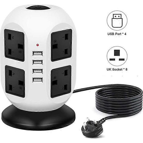 Multiprise verticale, prise, multiprise secteur à 8 prises, avec protection contre les surcharges USB, rallonge de 3 mètres, blanche. (1/4)