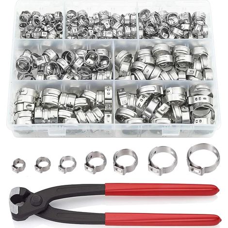 Lot de 150 colliers de serrage à oreille unique avec pince, 12 tailles, pinces de serrage en acier inoxydable, collier de serrage pour tuyau de carburant, pince auriculaire avec pince (1/5)