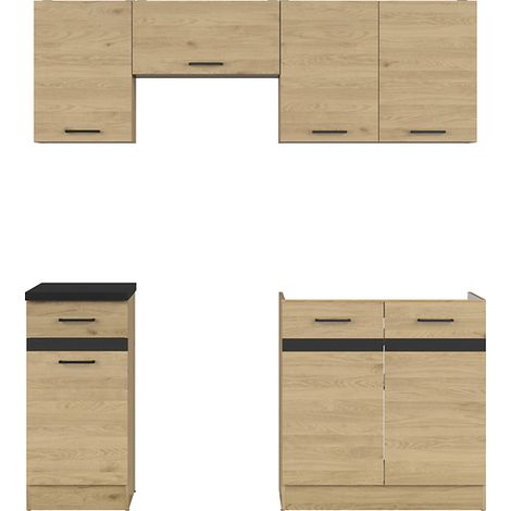 Cuisine complète 180 cm,Ensemble de meuble de cuisine coloris Chêne berstein, plan de travail noir inclus (1/3)