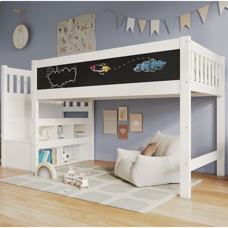 DESVIAE Lit mezzanine enfant avec tableau ardoise et rangement 90 x 200 cm blanc en bois et MDF (1/5)