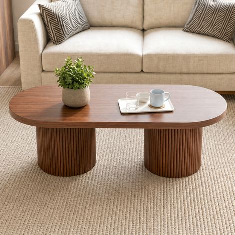 Table basse ovale 100x50x35 cm, plateau large, structure renforcée 50 kg, MDF effet noyer pour salon