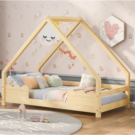 Letto per bambini in legno massello di pino naturale 90x200 cm con sponde anticaduta e rete inclusa (1/5)