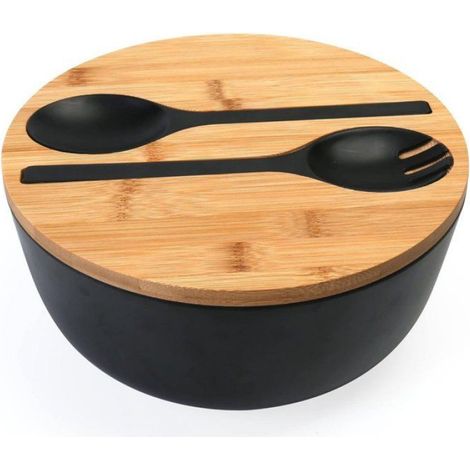 Ensemble de saladiers noirs, grand saladier de 25 cm en fibre de bambou avec couvercle (1/5)