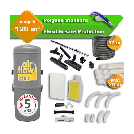 Aspirateur central AIRFLOW 2100 garantie 5 ans + flexible rétractable 12 m standard + 7 accessoires + kit 1 prise RETRAFLEX + kit prise balai (rayon d'action 120 m2) (1/5)