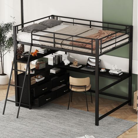 Cama alta 140x200 con escritorio y cajones OKMYHOME (1/5)
