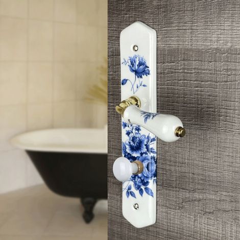 Ouvre&Déco – 2 poignées de porte Porcelaine modèle Bleuet - Bouton de condamnation - Entraxe 195 mm