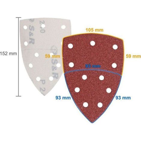 Feuilles abrasives triangles - - 60 pièces - 105x152 mm - Grains P40/60/80/120/180/240 - Lot (1/4)