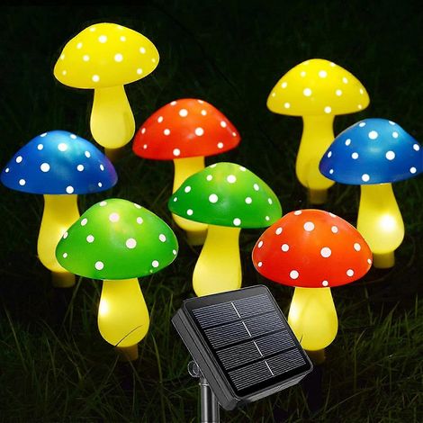 Lot de 8 lampes solaires champignon améliorées pour la décoration extérieure de votre jardin, lampes champignon multicolores étanches, guirlandes lumineuses solaires LED. (1/5)