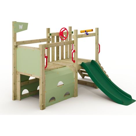 Wickey – Aire de jeux en bois pour enfants – Toboggan 120 cm – Échelle d'escalade – Tunnel avec parois d'escalade – Construction stable et résistante