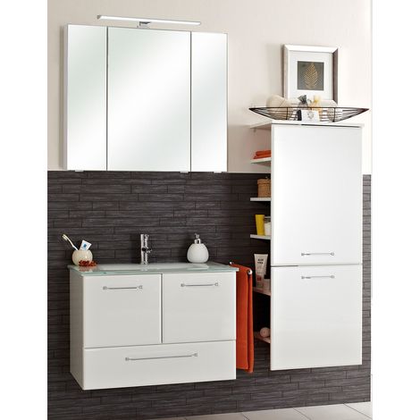 Badezimmer Set mit Glaswaschbecken QUEBEC-66 in weiß Hochglanz, B/H/T: ca. 145/200/44,5 cm (1/5)