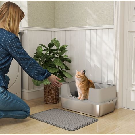 Letto per gatto aperto in acciaio inox, bordi alti, 60,2 x 40,2 x 29,5 cm, grigio DESVIAE (1/5)