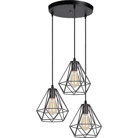 3 Lampes Lustre Suspension Luminaire Industrielle Plafonnier Rétro en Métal Suspension Abat-Jour Design Cage E27 Lampe de Plafond pour Salon Salle à Manger Cuisine - Ø20cm, Noir