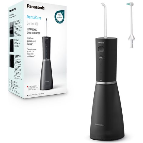 Panasonic Series 800 Irrigatore Orale a Ultrasuoni EW-DJ86-K503, Idropulsore per Denti, 200ml, 1 Ugello a Ultrasuoni e 1 Ugello Ortodontico, 5 Impostazioni di Pressione, Accessorio da Viaggio, Nero (1/5)