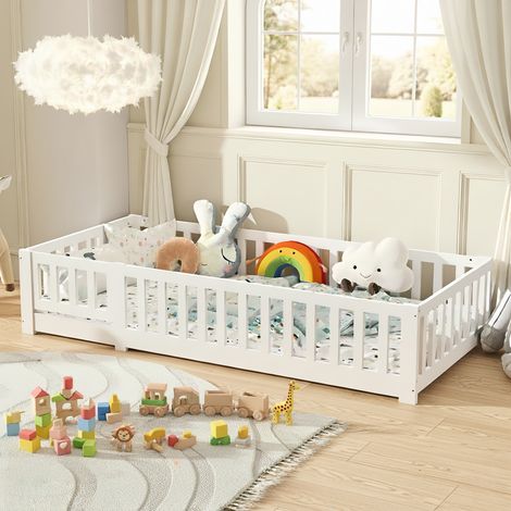 Tanant – Lit simple enfant 90x200 cm – Cadre en bois massif – Sommier à lattes – Barrière de sécurité – Blanc – Design moderne