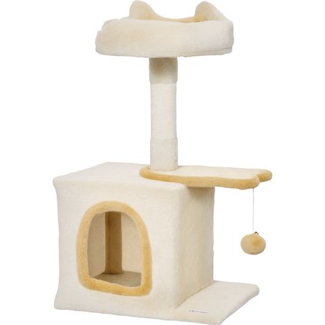 Arbre à chat perchoir et niche 40 x 30 x 72 cm grattoir protecteur nid douillet moderne ambiance cosy en peluche beige (1/5)