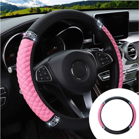 Housse de volant en cuir souple et brillant, 15 pouces, élastique et colorée, avec strass, accessoire pour la plupart des voitures et SUV (rose) (1/5)