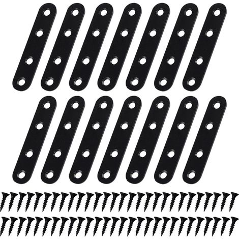 Lot de 14 équerres droites en acier inoxydable - 77 x 16 mm - Noir - Petits supports droits plats en métal - Plaque de réparation pour armoires et tiroirs - Avec 56 vis (1/2)