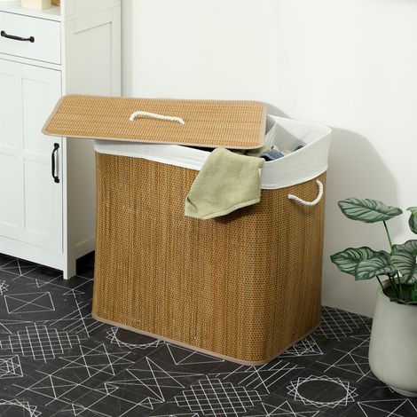 Cesto de Ropa Sucia 144L de Bambú con 3 Compartimentos Asas Bolsa Interior Extraíble 60x40x60 cm Marrón (1/5)