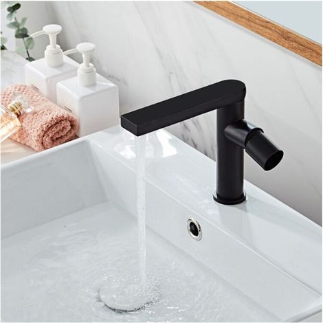 Robinet de lavabo, robinet givré de style européen tout en cuivre (style court noir) (1/4)