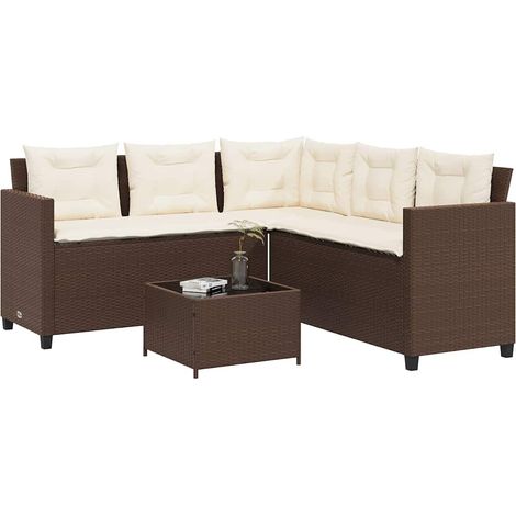 Salon de jardin en résine tressée avec canapé d’angle, table et coussins, marron et crème - PANGIVO (1/5)