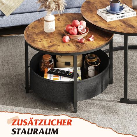 Irovami Lot de 2 tables basses rondes – Diamètres 80 et 60 cm, rangement, cadre métal – Brun rustique – Pour salon, séjour (1/3)