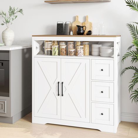 Buffet 100 cm, stile scandinavo con decorazioni a croce, 3 cassetti, 2 porte e mensole aperte, grande spazio di stoccaggio, per soggiorno e cucina – Bianco