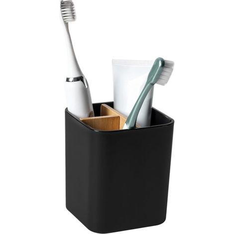 Porte-brosses à dents - Boîte de rangement en bambou et bois - Boîte de rangement compartimentée - Organiseur de bureau - Organiseur de cosmétiques - Porte-brosses à dents - 9 x 9 x 11 cm - Noir - Pla (1/5)