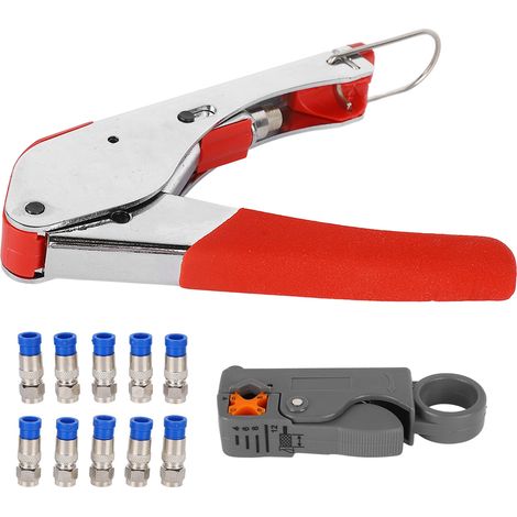 Kit de sertissage coaxial acier, pince à sertir et dénudeuse avec 10 connecteurs F de compression (1/5)