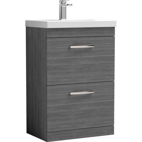 Millwich Contemporary 2 Drawer Floor Standing Vanity Unit with Thin Edge Basin, Anthracite Woodgrain, 600mm (1/4)