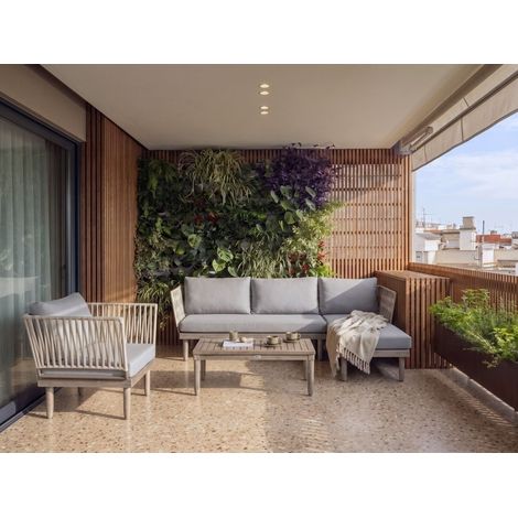 Conjunto de jardín sofá esquinero izquierdo sillón y mesa de centro madera de acacia marrón y gris Cremona (1/5)