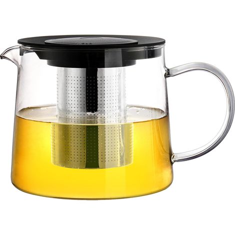 Tetera de vidrio de 1,5 L con filtro de acero inoxidable resistente al calor, infusor extraíble para té y café, tapa de plástico. (1/5)